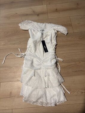 Fashion Nova White One-Shoulder Textured Ruffle Dress